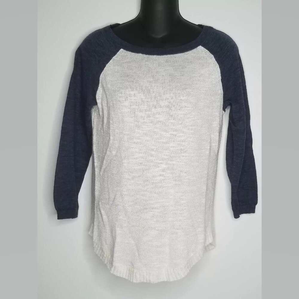 J. Crew Shirt Top XXS Knit White Blue Colorblock Light Weight Casual 3/4 Sleeve